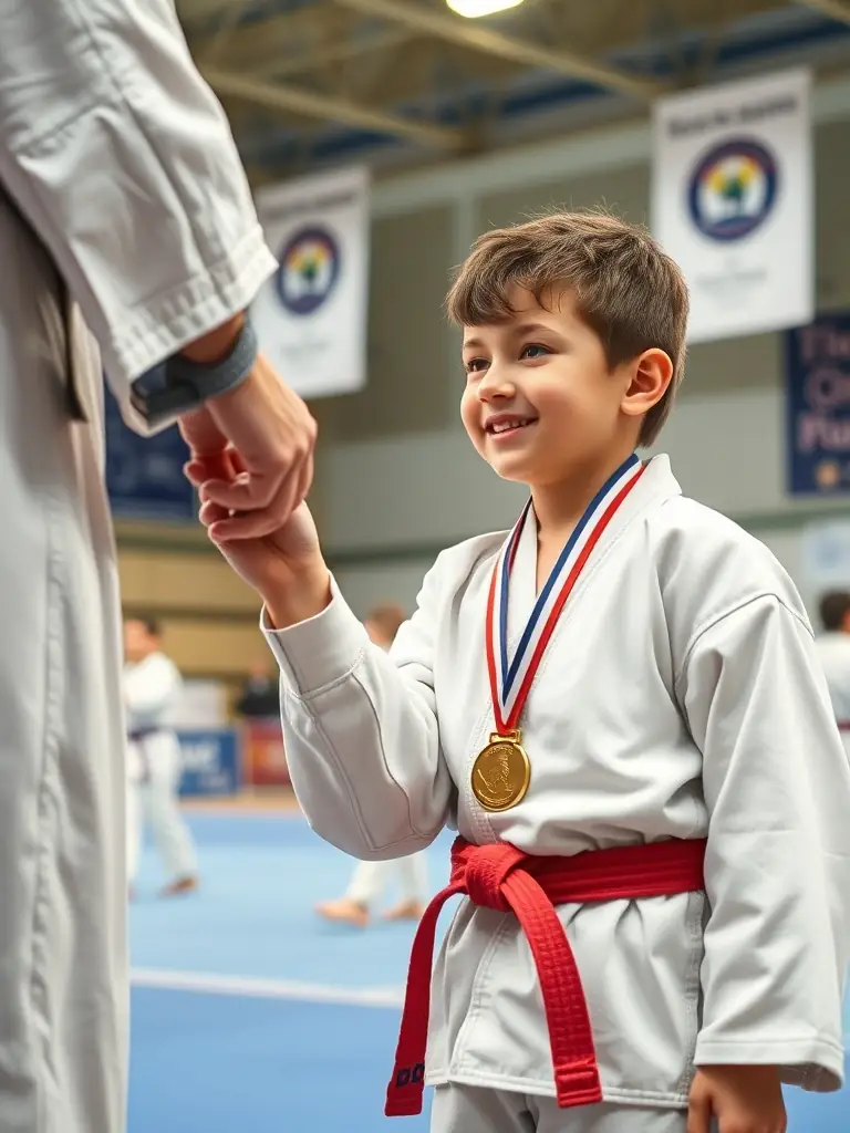 A young judoka receiving a medal at a local competition, highlighting the personal growth and achievement fostered by Judo Club Rochefortais.