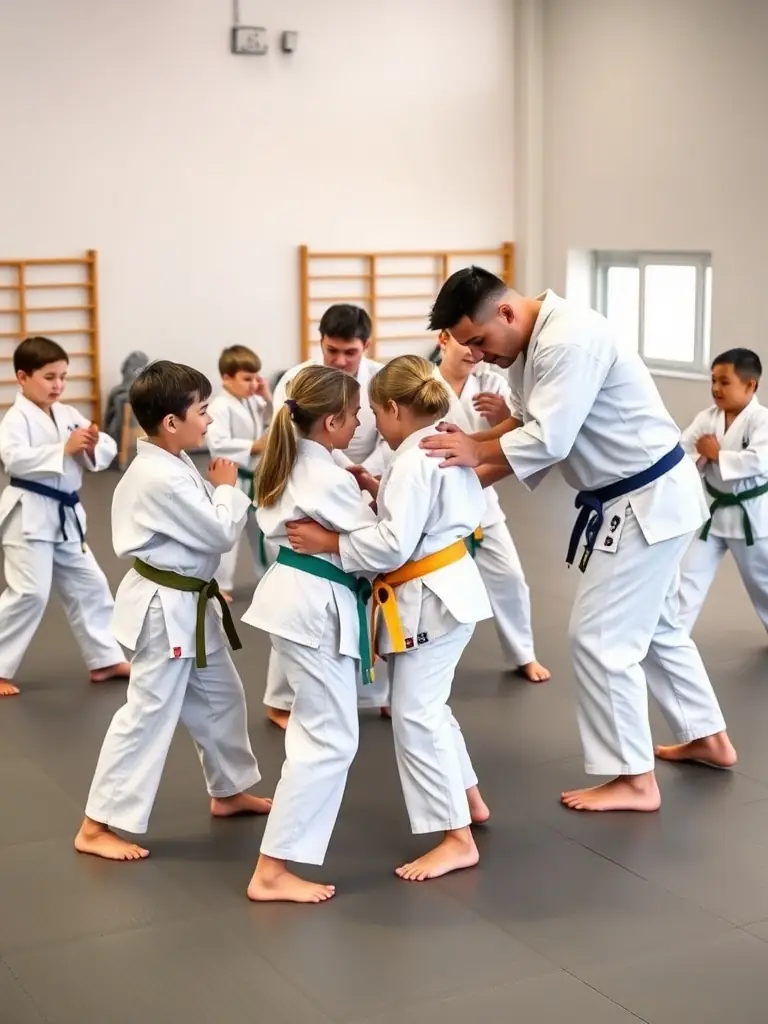 A diverse group of children and adults practicing judo techniques together, showcasing the inclusive community at Judo Club Rochefortais.