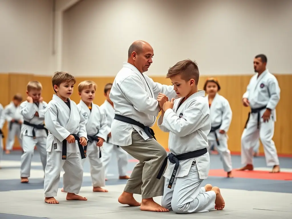 A photograph capturing a group of children in judo uniforms practicing basic stances and movements under the guidance of an instructor, set in a well-lit dojo with traditional mats.