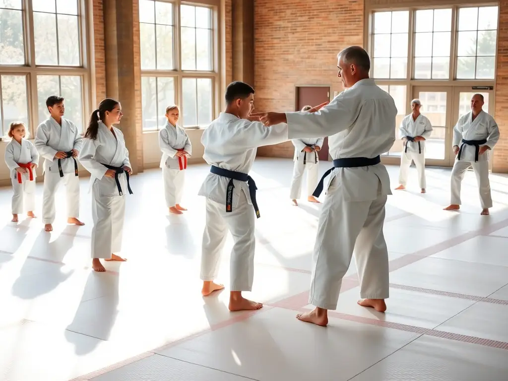 A picture of adult judokas practicing self-defense techniques, showcasing practical applications of judo in real-life scenarios, with a focus on safety and awareness.