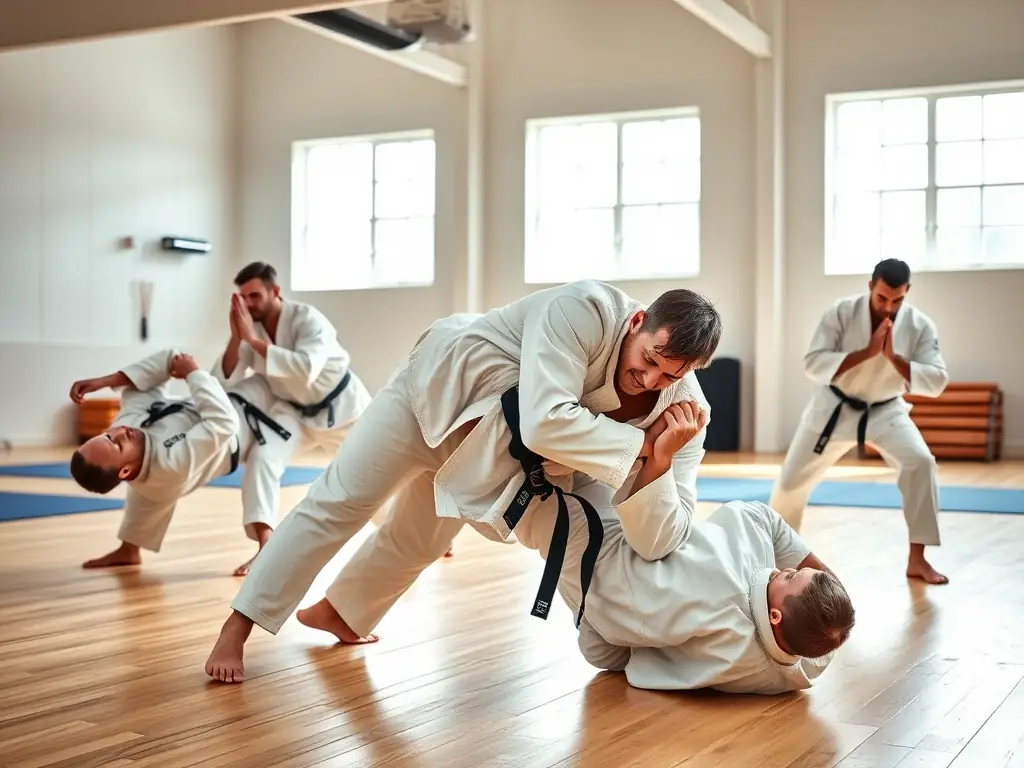 A dynamic action shot of Judo Club Rochefortais members practicing a throw during a training session, showcasing the physical activity and skill involved in judo.
