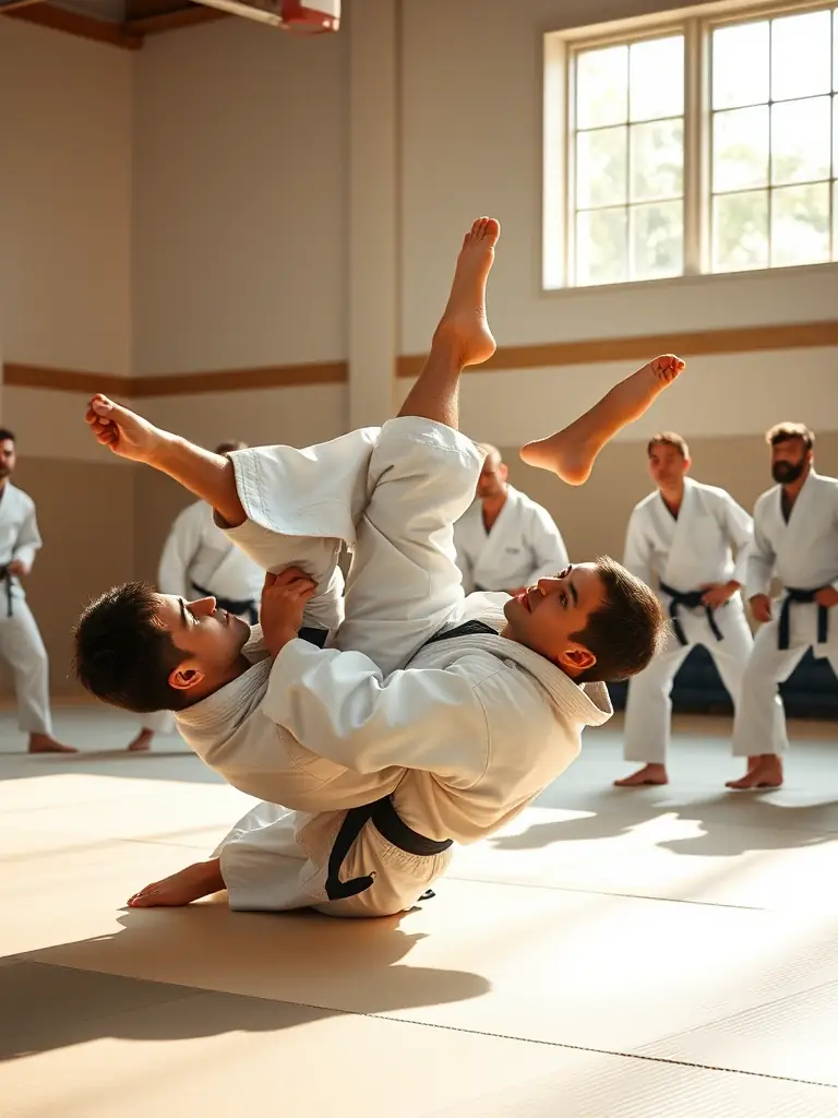 A group of young judokas practicing a grappling technique during a training session at Judo Club Rochefortais, showcasing the club's focus on skill development.