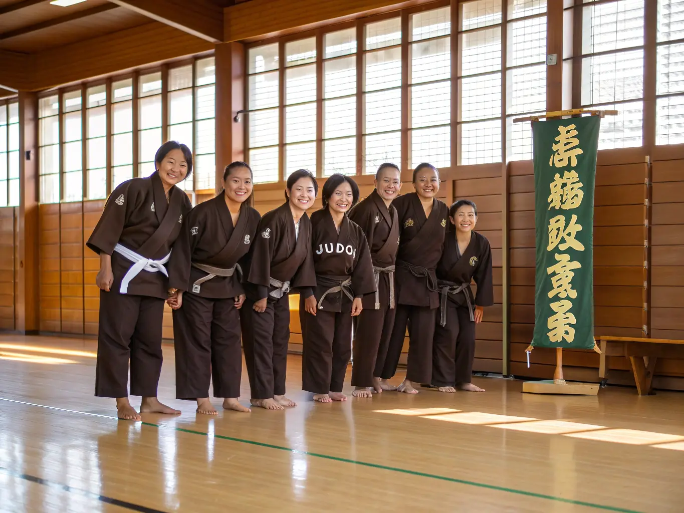 A group of Judo Club Rochefortais members of various ages and backgrounds, standing together and smiling, representing the club's diverse and inclusive community.