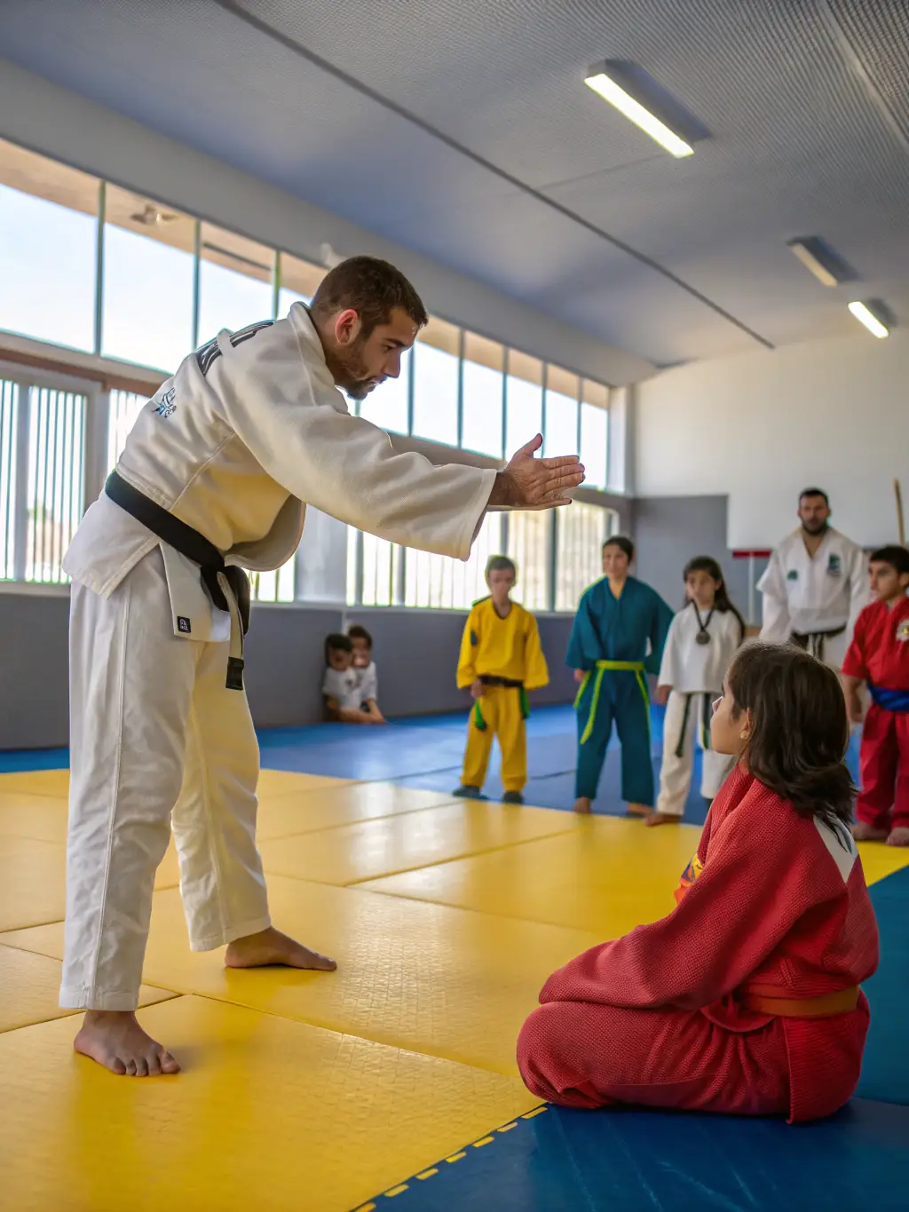 A certified judo instructor guiding students through a complex technique, emphasizing the quality of instruction at Judo Club Rochefortais.