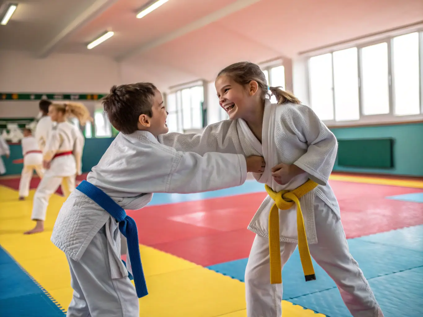 An image showing teenagers engaged in a sparring session, demonstrating advanced techniques and agility, with a sensei closely observing and providing guidance.